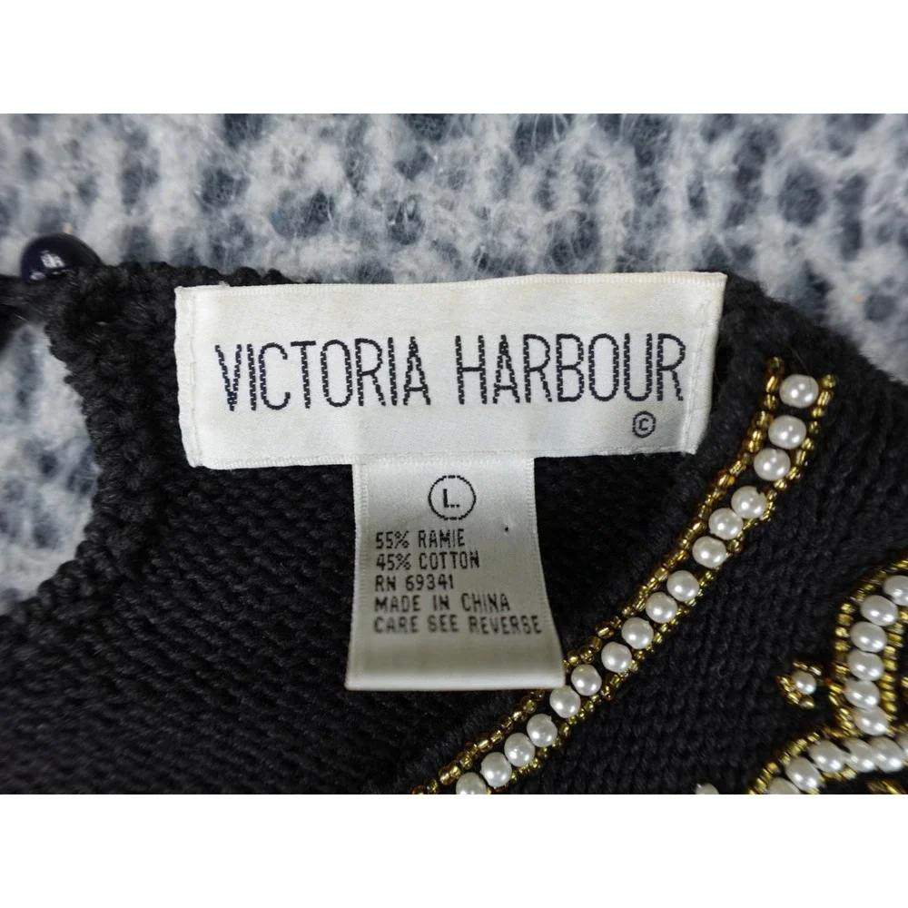 Victoria Harbour Beaded Sweater Womens Large‎ Black Gold Faux Pearl Ramie Cotton